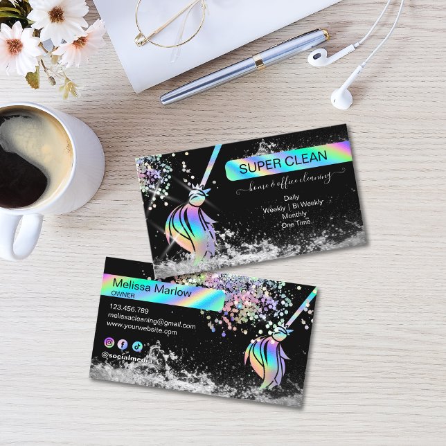 Maid Cleaning House Sparkling Holograph Business C Visitenkarte (Maid Cleaning House Sparkling Business Card with holographic broom logo, glitter and water splash)