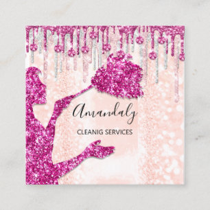 Maid House Clearing Services Logo Silver Pink Lux Quadratische Visitenkarte
