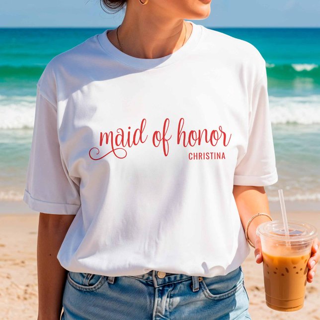 Maid of Honor Calligraphy Red Bach  T-Shirt (Von Creator hochgeladen)