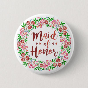 Maid of Honor Wedding Floral Watercolor Pink Button