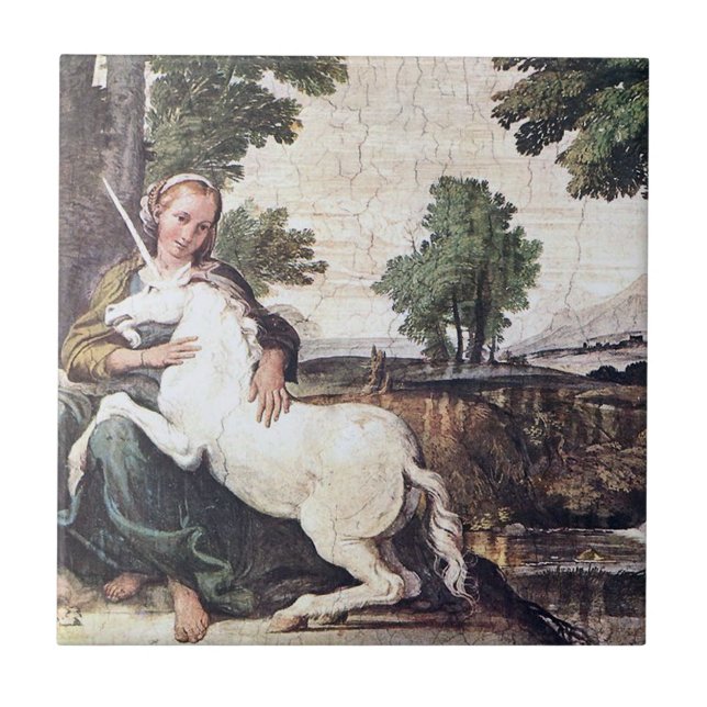 Maiden and Unicorn Tile by Domenichino ca. 1602 Fliese (Vorderseite)