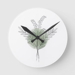 Maiglöckchen Botanische Strichzeichnung Aquarell Runde Wanduhr
