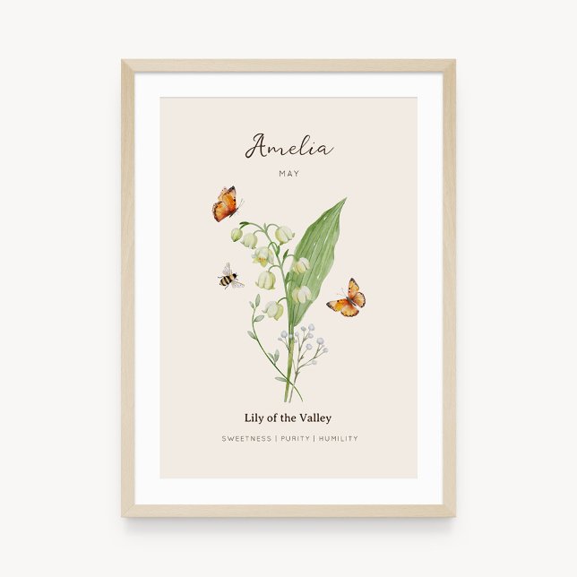 Maiglöckchen Geburtstagsmonats-Blumenposter Poster (Example of lily of the valley birth flower poster once framed. )