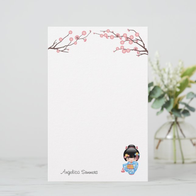 Maiko Kokeshi Doll - Blue Kimono Geisha Girl Briefpapier (Stehend Vorderseite)