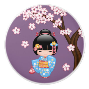 Maiko Kokeshi Doll - Blue Kimono Geisha Girl Keramikknauf