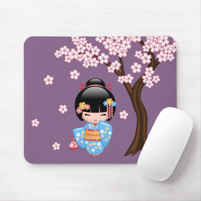 Maiko Kokeshi Doll - Blue Kimono Geisha Girl Mousepad (Mit Mouse)