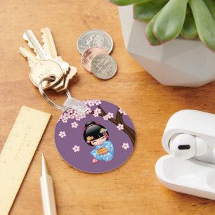 Maiko Kokeshi Doll - Blue Kimono Geisha Girl Schlüsselanhänger