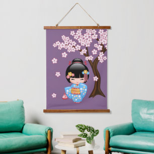 Maiko Kokeshi Doll - Blue Kimono Geisha Girl Wandteppich Mit Holzrahmen