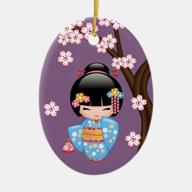 Maiko Kokeshi Doll - Niedlich Geisha Girl auf Lila Keramik Ornament (Vorne)