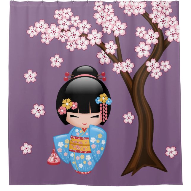 Maiko Kokeshi Doll Niedlich Geisha Girl Lila Duschvorhang (Vorderseite)