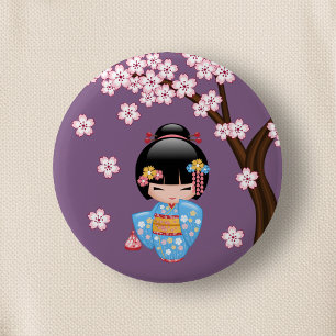 Maiko Kokeshi Puppe - blaues Kimono-Geisha-Mädchen Button