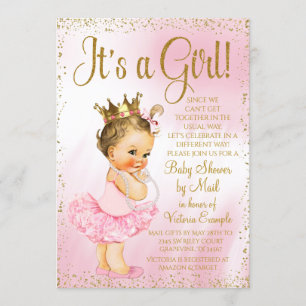 Mail Baby Dusche Pink Gold Brünett Prinzessin Tutu Einladung