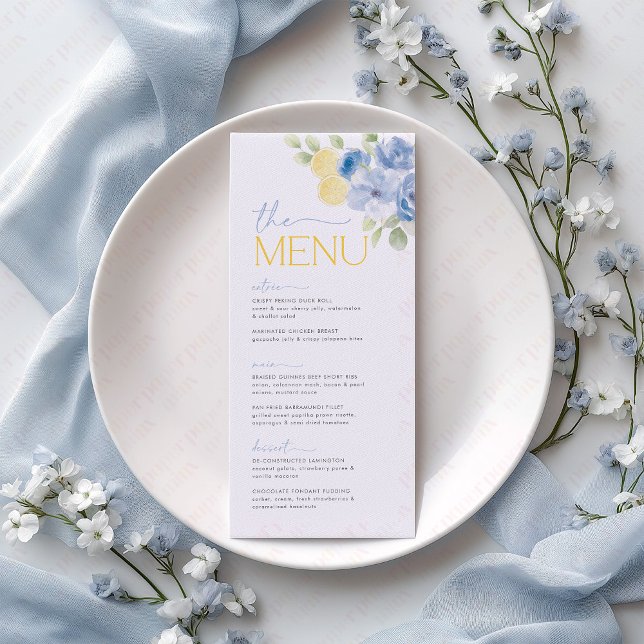 Main Squeeze Blue Flowers Lemon Bridal Shower Menu Menükarte (She found her main squeeze! Blue floral lemon citrus bridal shower menu)