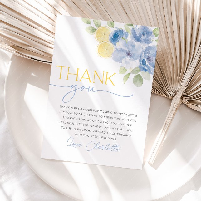 Main Squeeze Citrus Floral Bridal Shower Thank You Dankeskarte (She found her main squeeze! Bridal Shower Thank You Cards in Blue floral citrus lemon design)