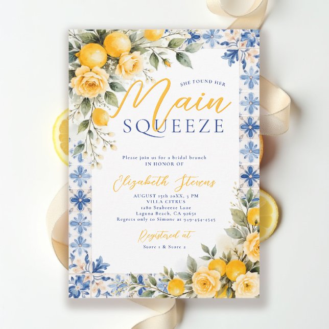 Main Squeeze Lemon Blue Italian Bridal Shower  Einladung (main squeeze bridal shower lemon italian theme mediterranean blue invitation summer brunch)