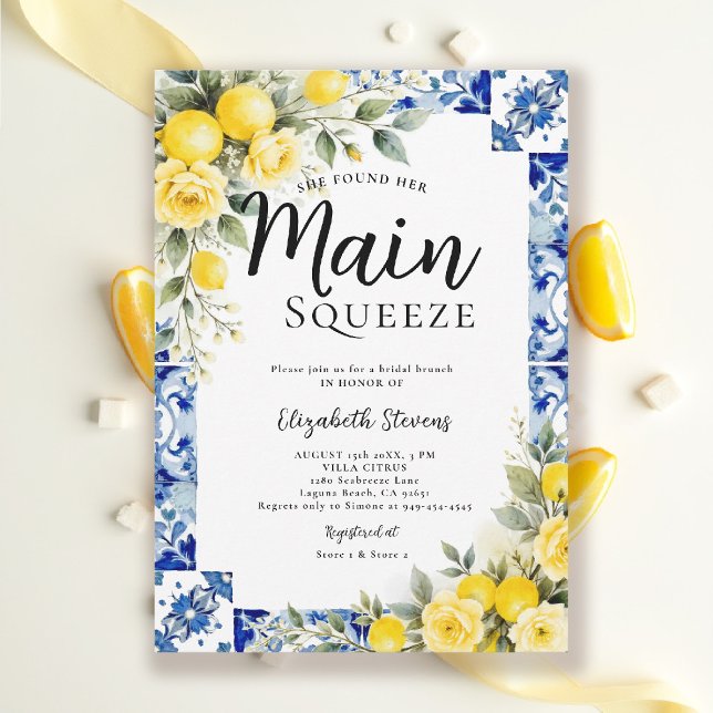 Main Squeeze Lemon Blue Tile Floral Bridal Shower  Einladung (main squeeze bridal shower lemon theme mediterranean italian blue tile invitation summer)