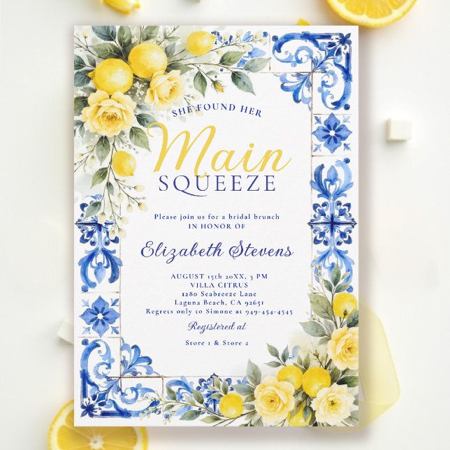 Main Squeeze Lemon Blue Tile Floral Bridal Shower  Einladung (main squeeze bridal shower lemon italian theme mediterranean blue tile invitation summer brunch)