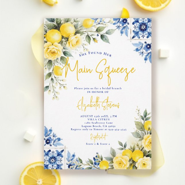 Main Squeeze Lemon Blue Tiles Roses Bridal Shower  Einladung (main squeeze bridal shower lemon italian theme mediterranean blue tile invitation summer)