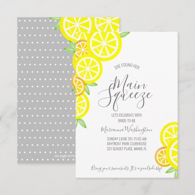 MAIN SQUEEZE Sommerlemon BRAUTPARTY grau Einladung (Vorne/Hinten)