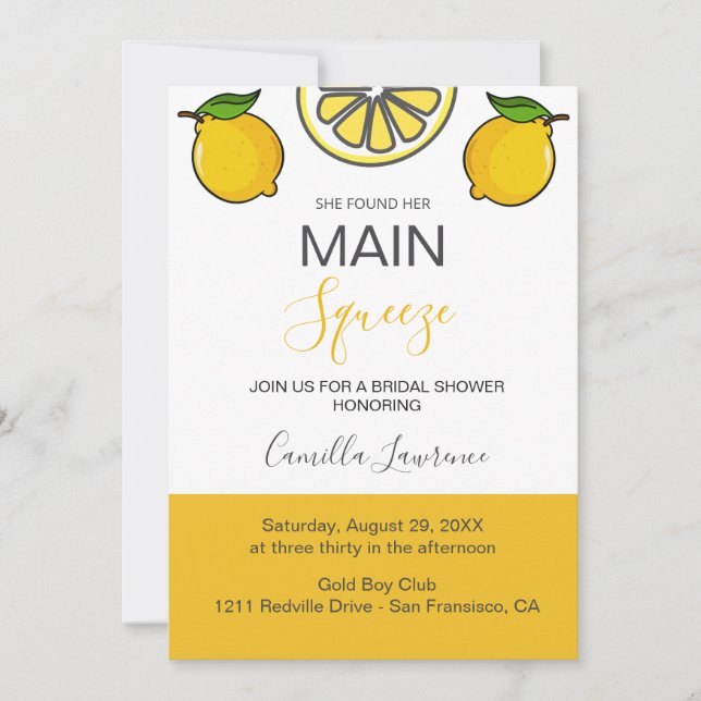 Main Squeeze Tropical Citrus Lemon Bridal Shower  Einladung (Vorderseite)