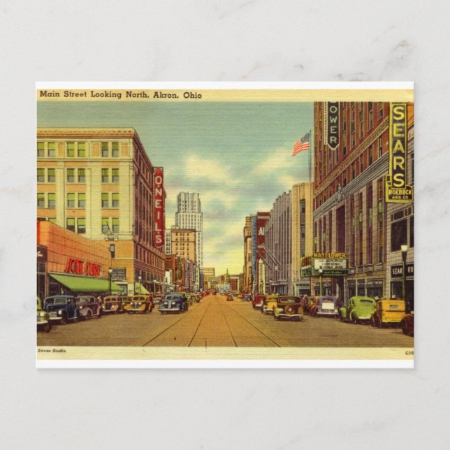 Main St., Akron, Ohio Vintag Postkarte (Vorderseite)
