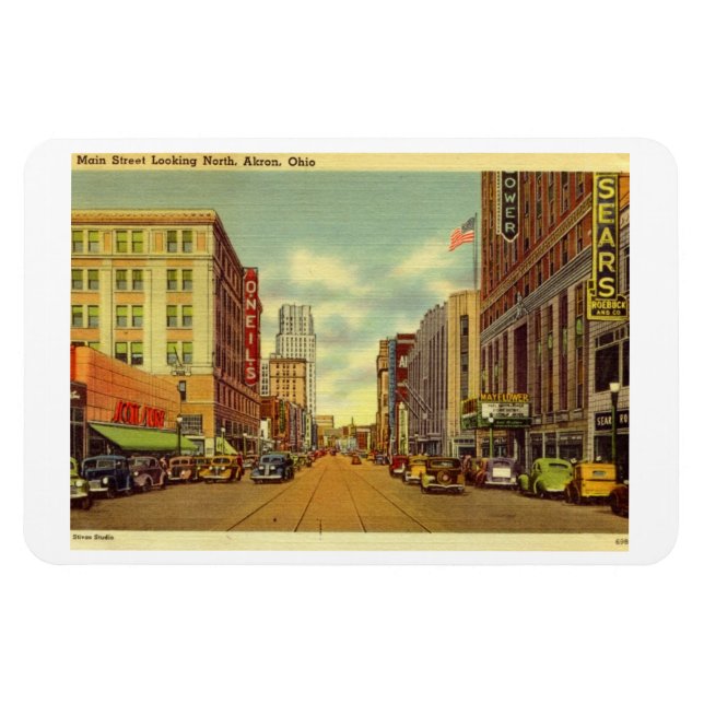 Main St., Akron, Ohio Vintage Postkarte Magnet (Horizontal)
