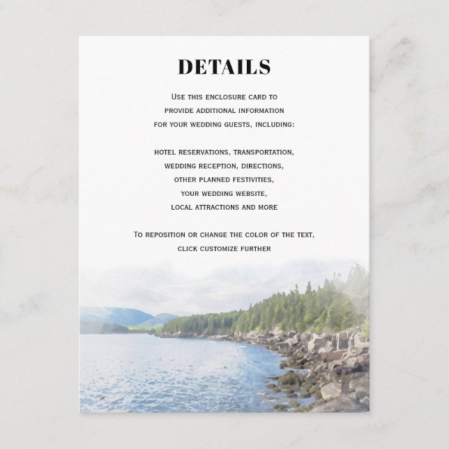 Maine Acadia Coastal Pine Forest Wedding Details Begleitkarte (Vorderseite)
