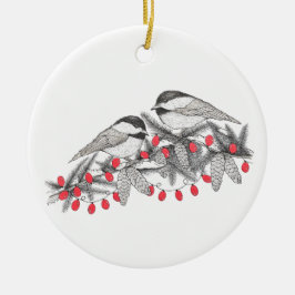 Maine Chickadee Bird Pen und Tinte Weihnachtsfeier Keramik Ornament