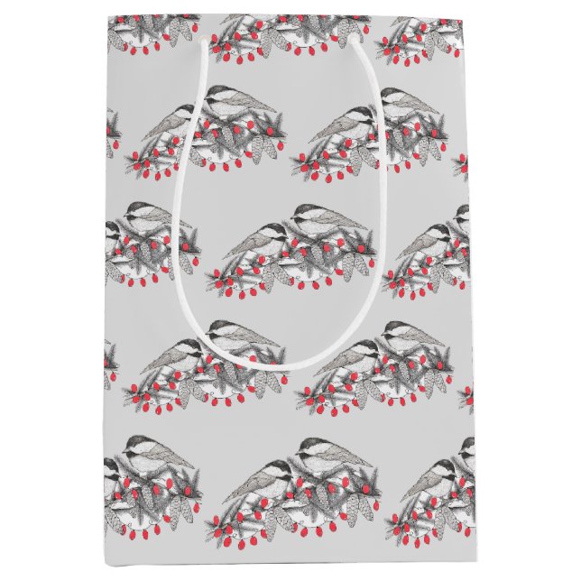 Maine Chickadee Bird Winter Weihnachtsschnee Mittlere Geschenktüte (Vorderseite)