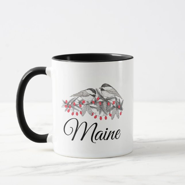 Maine Chickadee Bird Winter Weihnachtsschnee Tasse (Links)