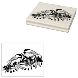 Maine Chickadee Birds Pine Branch Schnee Weihnacht Gummistempel