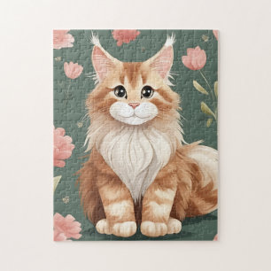 Maine Coon Art mit rosa Blume Puzzle