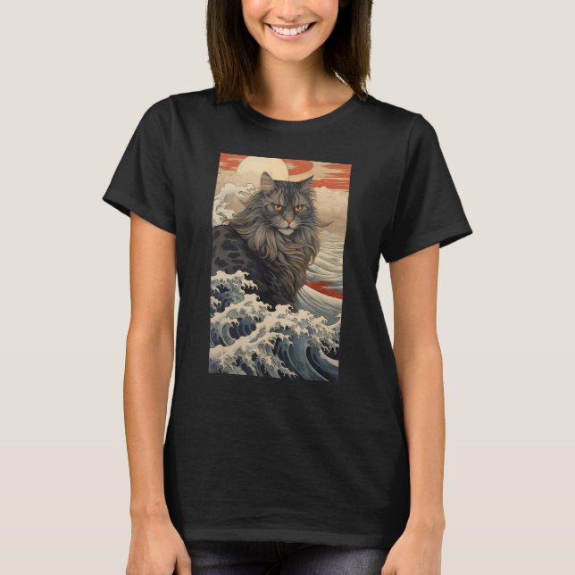 Maine Coon Cat Aesthetic Japanese Ukiyo e 2 T-Shirt (Vorderseite)