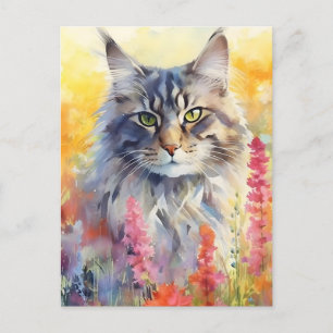 Maine Coon Cat farbige Aquarellbilder Postkarte