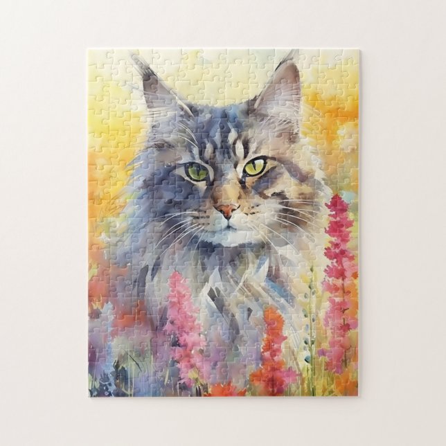 Maine Coon Cat farbige Aquarellbilder Puzzle (Vertikal)
