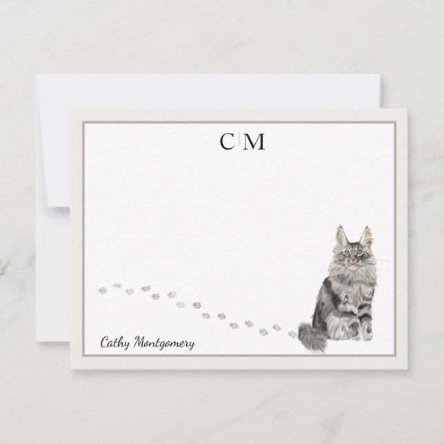 Maine Coon Cat Gray Border Monogram Name Note Card Mitteilungskarte (Vorderseite)