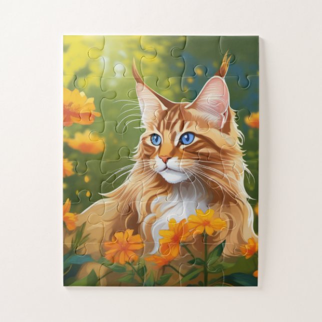 Maine Coon Cat im Feld Blume Puzzle (Vertikal)