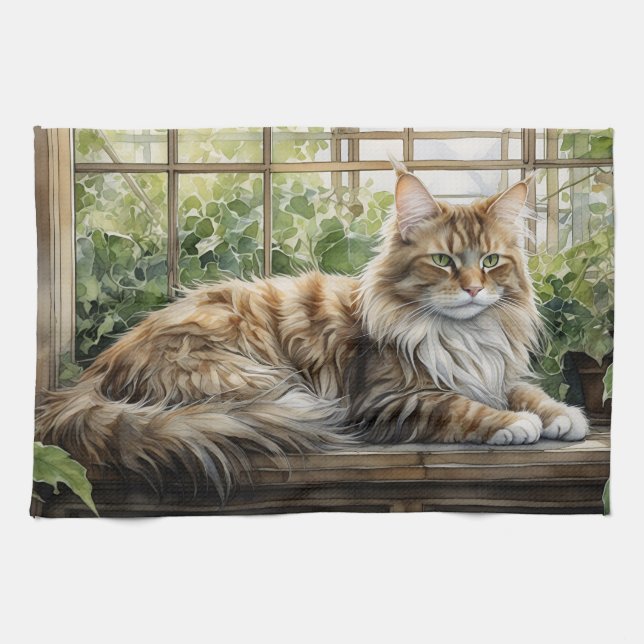 Maine Coon Cat im gemütlichen Innengarten Geschirrtuch (Horizontal)