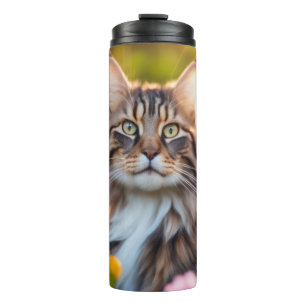 Maine Coon Cat in Blumenfeldern Thermosbecher