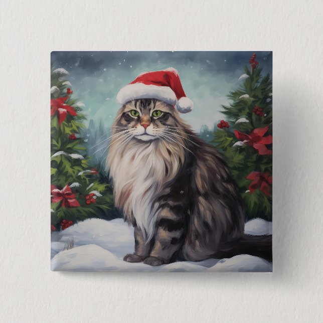 Maine Coon Cat in Schnee Weihnachten Button (Vorderseite)