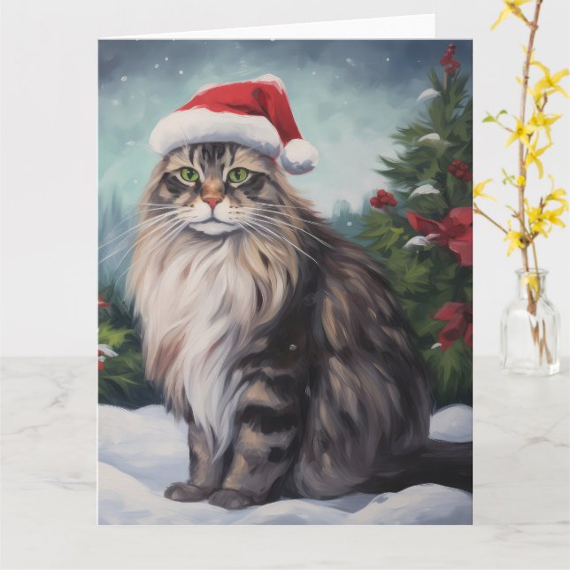 Maine Coon Cat in Schnee Weihnachten Karte (Gelbe Blume)