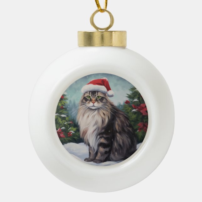 Maine Coon Cat in Schnee Weihnachten Keramik Kugel-Ornament (Vorderseite)