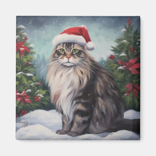 Maine Coon Cat in Schnee Weihnachten Magnet (Vorne)