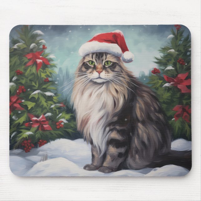 Maine Coon Cat in Schnee Weihnachten Mousepad (Vorne)