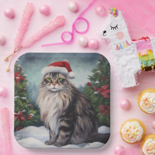 Maine Coon Cat in Schnee Weihnachten Pappteller
