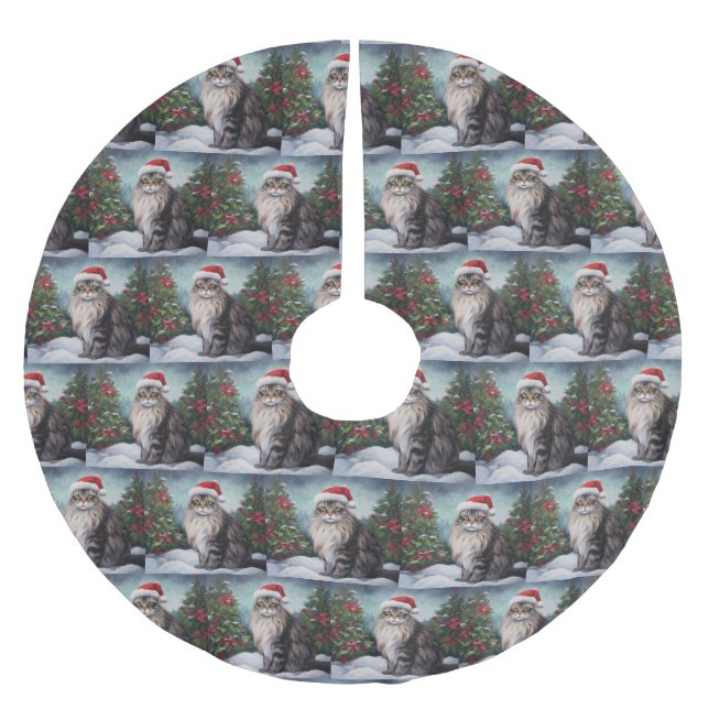 Maine Coon Cat in Schnee Weihnachten Polyester Weihnachtsbaumdecke (Vorderseite)