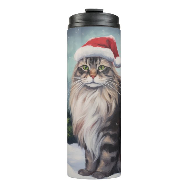Maine Coon Cat in Schnee Weihnachten Thermosbecher (Vorderseite)