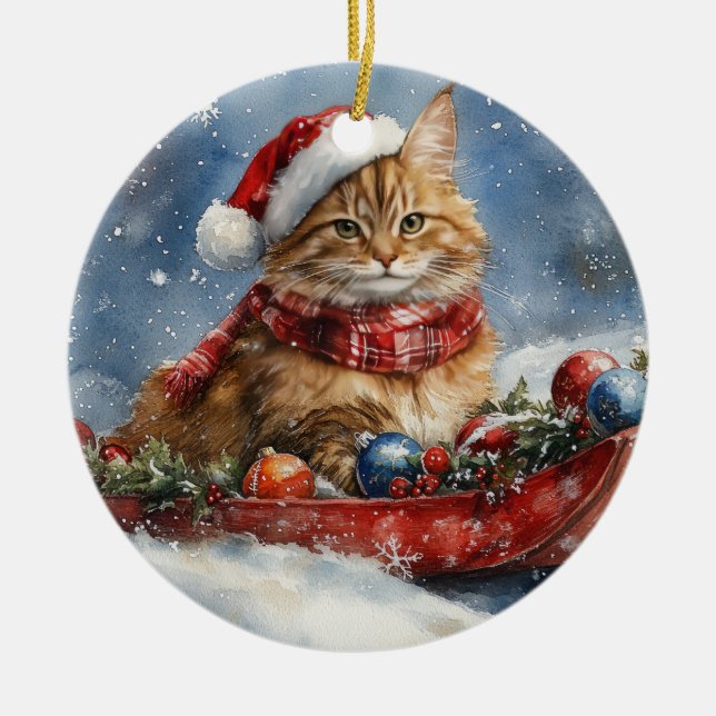 Maine Coon Cat in Sledge Let it Schnee Weihnachten Keramik Ornament (Vorne)