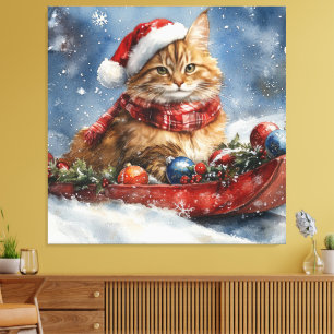 Maine Coon Cat in Sledge Let it Schnee Weihnachten Leinwanddruck