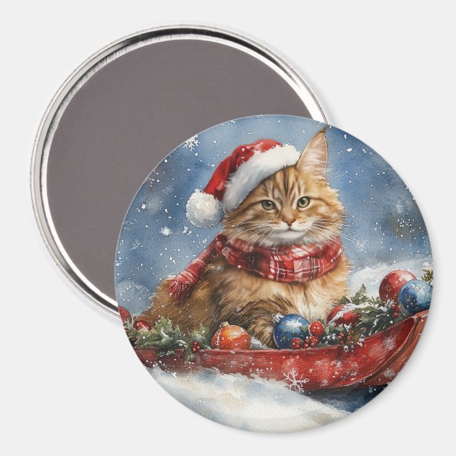 Maine Coon Cat in Sledge Let it Schnee Weihnachten Magnet (Vorderseite/Rückseite)